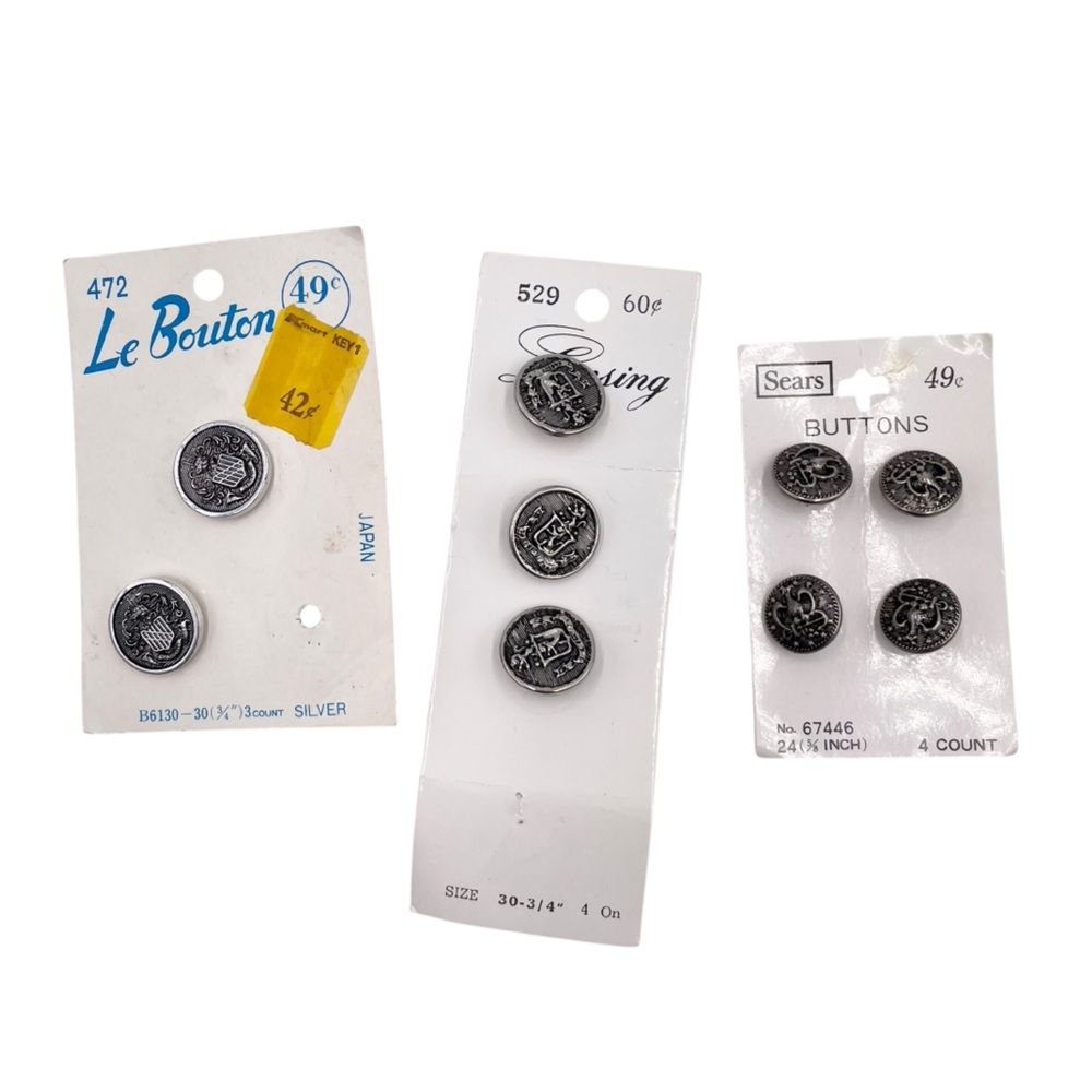 Vintage Set of 9 Buttons Royal Crown Crest Pewter Silver Multipack Lansing Sears
